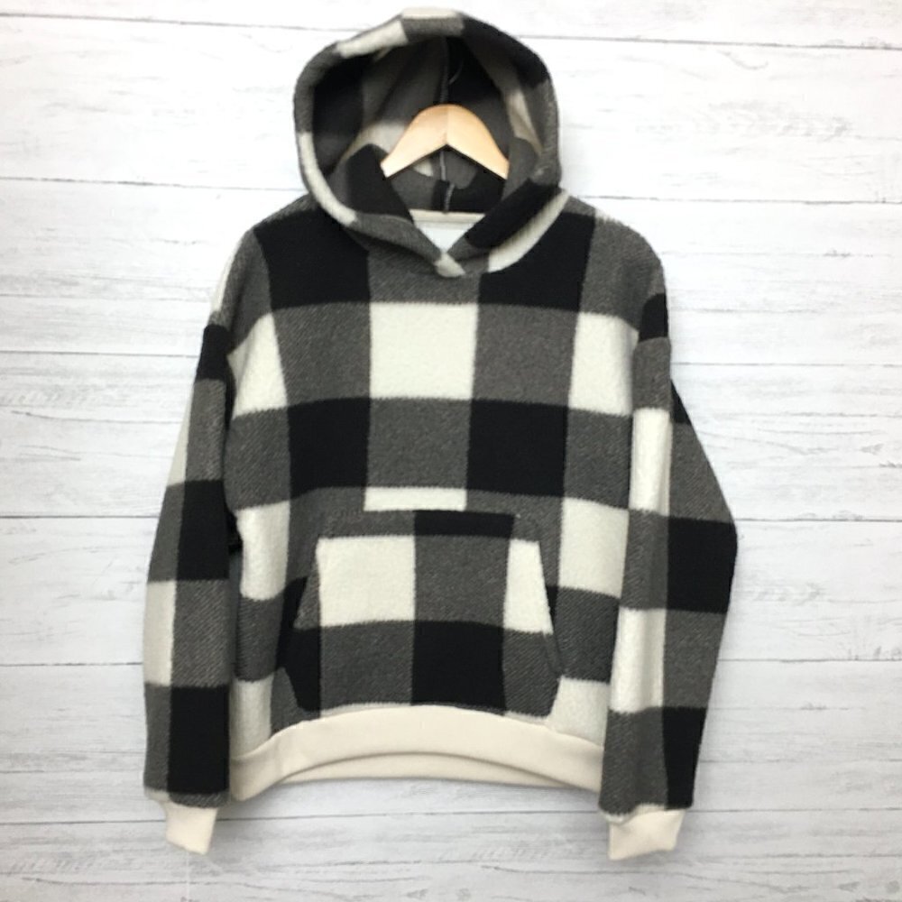 American Eagle Women's Black & Ivory Buffalo Plaid Fleece Hoodie Small